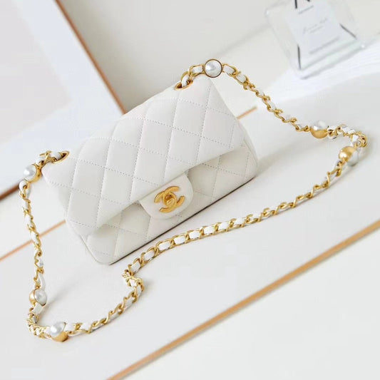 CHANEL 24F Flap Bag White Lambskin Pearl Gold Hardware