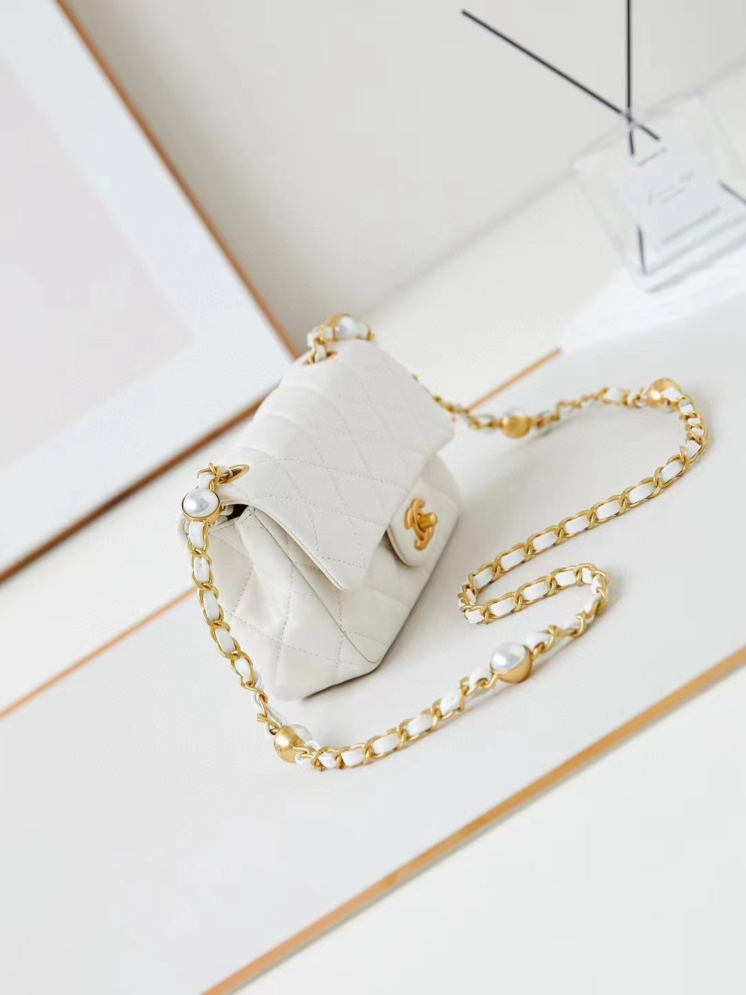 CHANEL 24F Flap Bag White Lambskin Pearl Gold Hardware