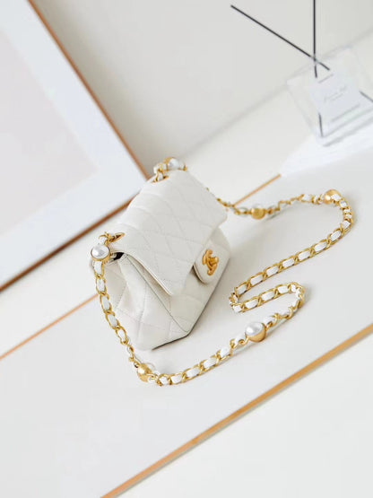 CHANEL 24F Flap Bag White Lambskin Pearl Gold Hardware