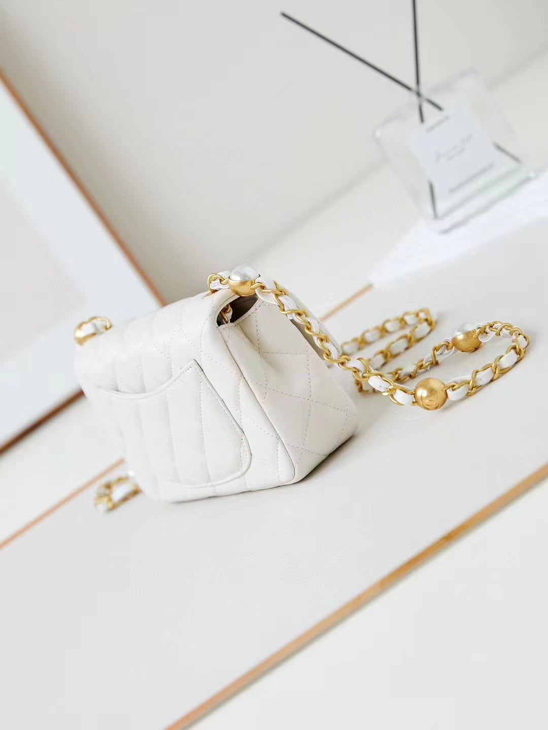 CHANEL 24F Flap Bag White Lambskin Pearl Gold Hardware