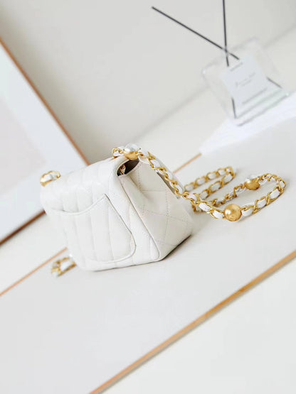 CHANEL 24F Flap Bag White Lambskin Pearl Gold Hardware