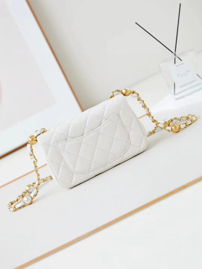 CHANEL 24F Flap Bag White Lambskin Pearl Gold Hardware