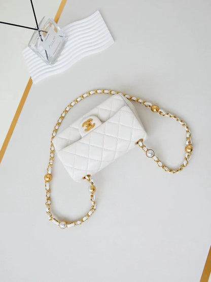 CHANEL 24F Flap Bag White Lambskin Pearl Gold Hardware