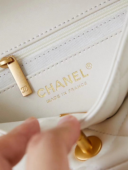 CHANEL 24F Flap Bag White Lambskin Pearl Gold Hardware
