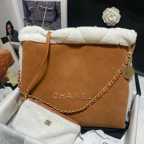 CHANEL 22 Bag 35cm Brown White Shearling Lambskin