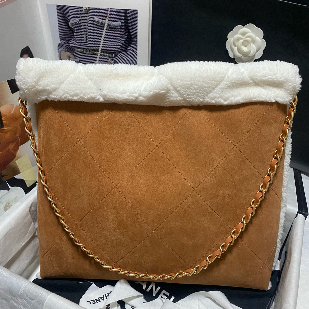 CHANEL 22 Bag 35cm Brown White Shearling Lambskin