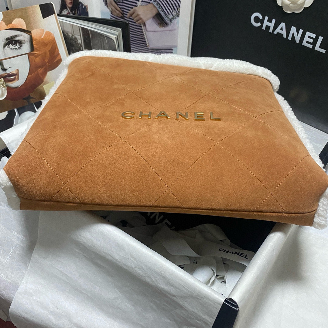 CHANEL 22 Bag 35cm Brown White Shearling Lambskin