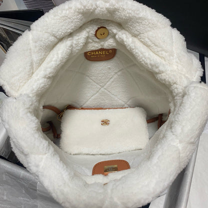CHANEL 22 Bag 35cm Brown White Shearling Lambskin