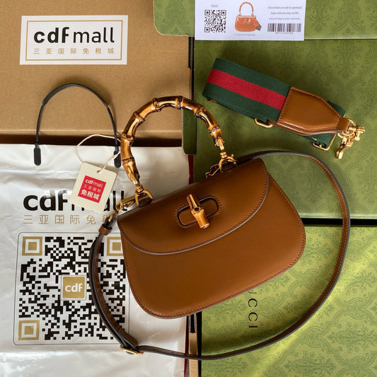 Gucci BAMBOO TOP HANDLE BAG 21 IN BROWN CALFSKIN
