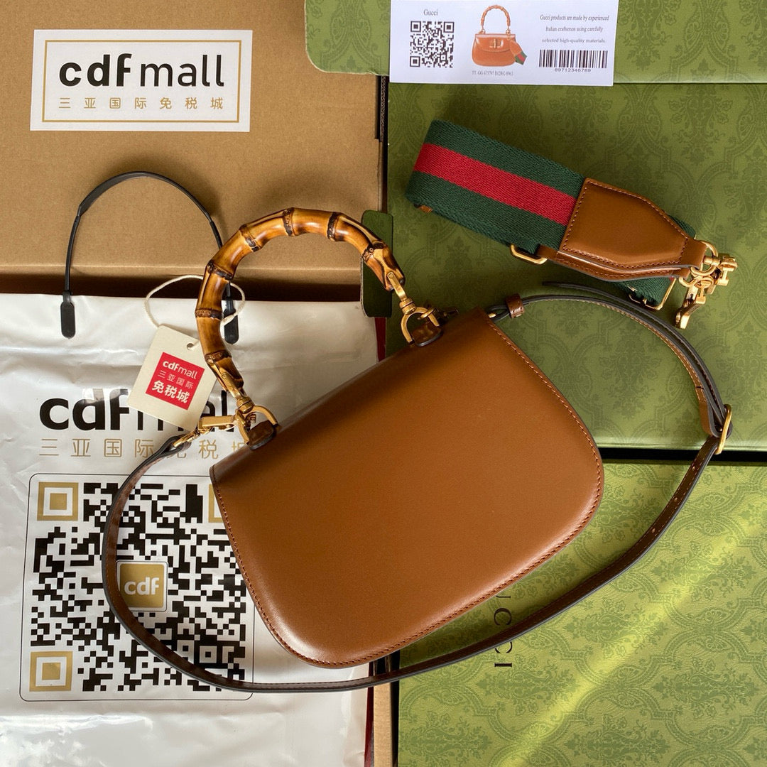 Gucci BAMBOO TOP HANDLE BAG 21 IN BROWN CALFSKIN