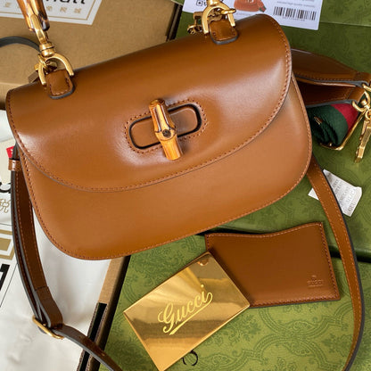 Gucci BAMBOO TOP HANDLE BAG 21 IN BROWN CALFSKIN