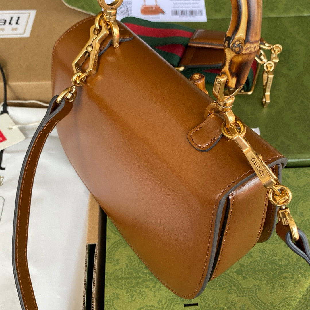 Gucci BAMBOO TOP HANDLE BAG 21 IN BROWN CALFSKIN