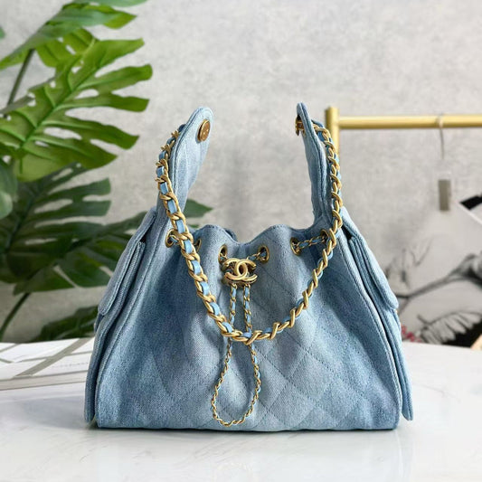 CHANEL 25C Hobo Bag 30cm Light Blue Denim