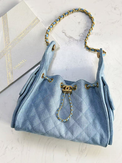 CHANEL 25C Hobo Bag 30cm Light Blue Denim