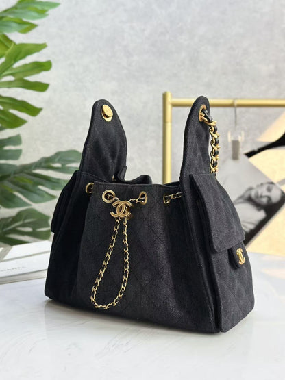 CHANEL 25C Hobo Bag 30cm Black Denim