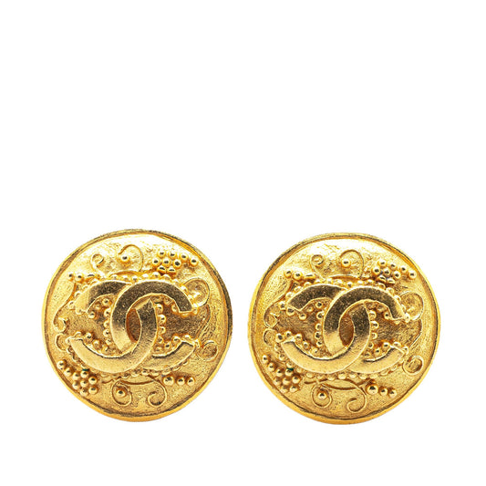 Gold Chanel Gold Plated CC Round Clip On Earrings