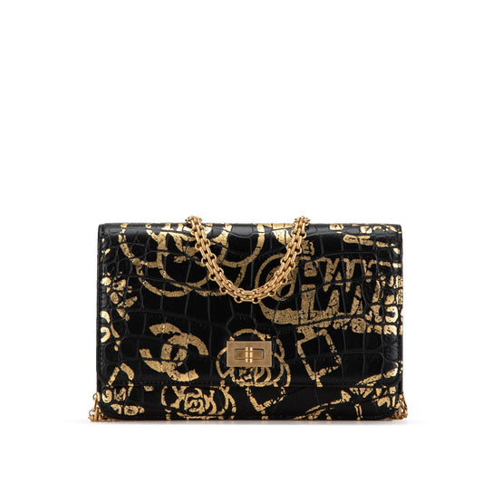 Black Chanel Calfskin Crocodile Embossed Graffiti 2.55 Cocodile Reissue Wallet On Chain Crossbody Bag