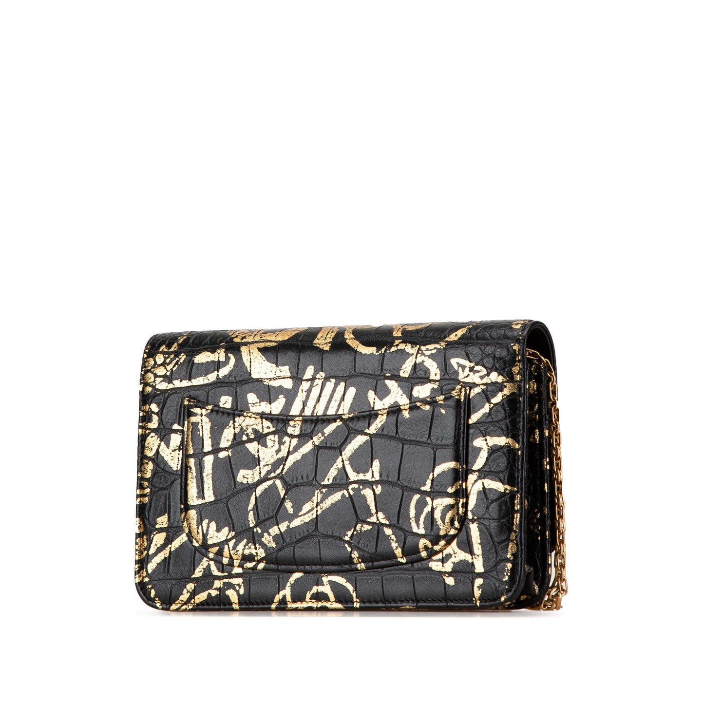 Black Chanel Calfskin Crocodile Embossed Graffiti 2.55 Cocodile Reissue Wallet On Chain Crossbody Bag