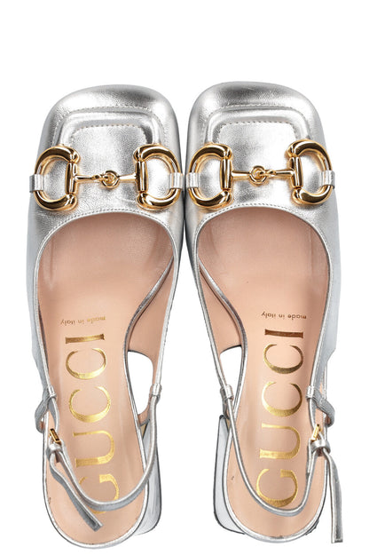 GUCCI Baby Horsebit Slingback Pumps Silver