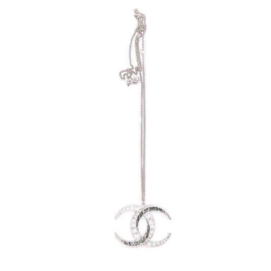 Chanel CC Crystal Silver Tone Pendant Necklace