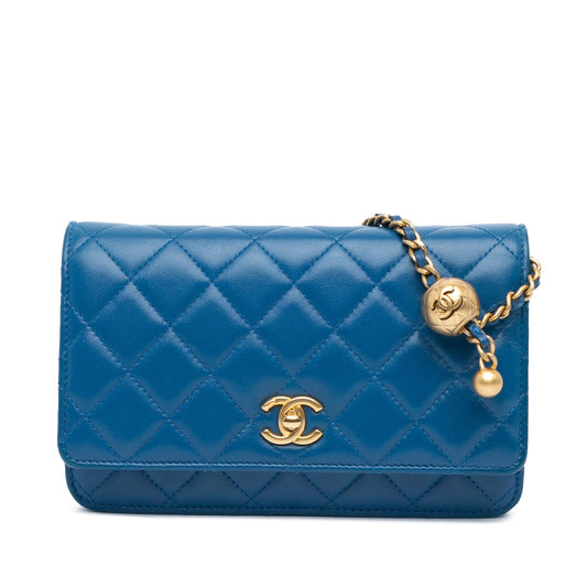Blue Chanel Lambskin Pearl Crush Wallet On Chain Crossbody Bag