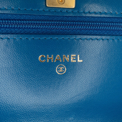 Blue Chanel Lambskin Pearl Crush Wallet On Chain Crossbody Bag