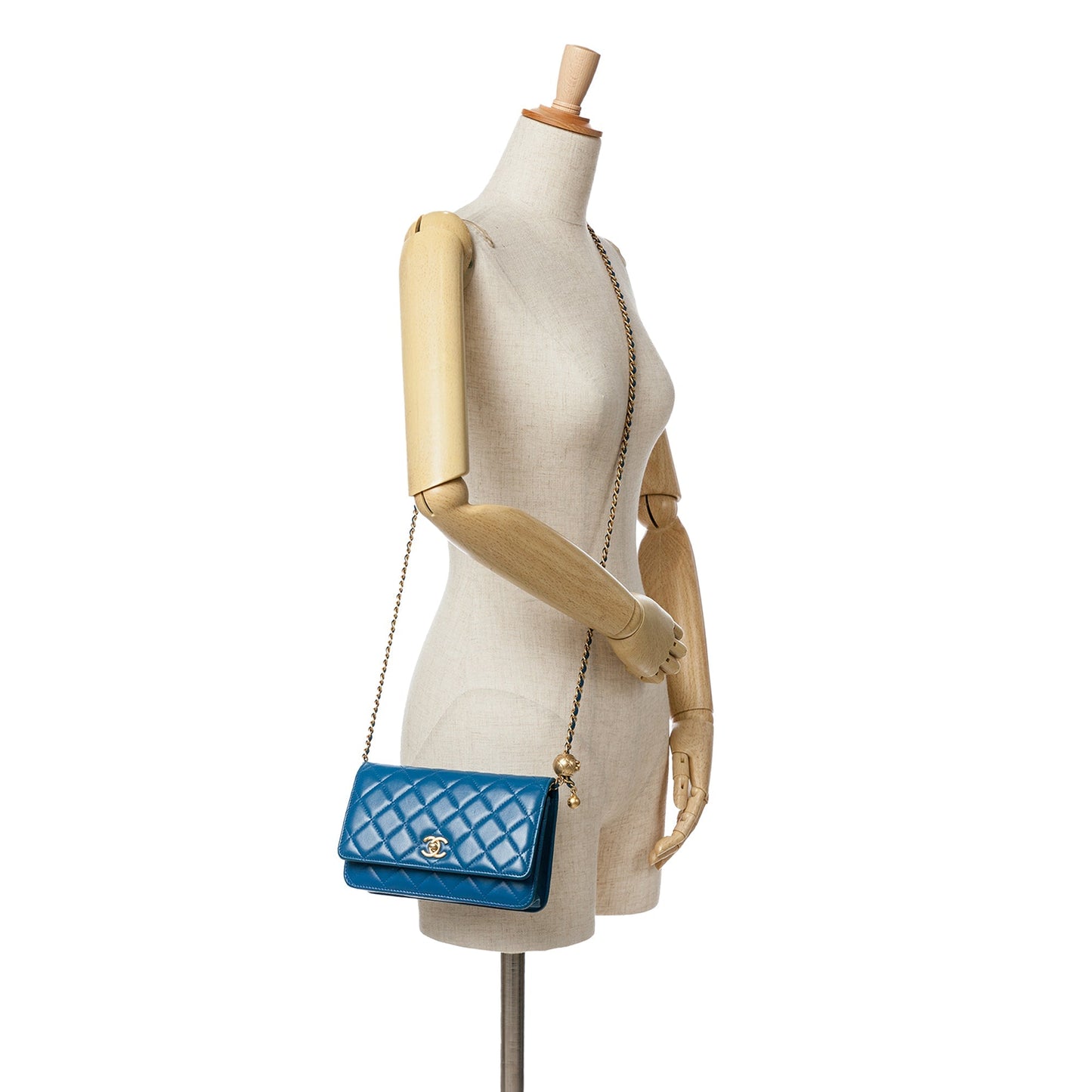Blue Chanel Lambskin Pearl Crush Wallet On Chain Crossbody Bag