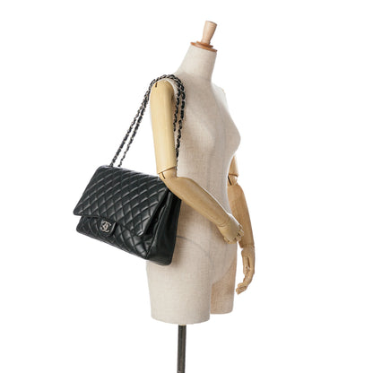 Black Chanel Maxi Classic Lambskin Double Flap Shoulder Bag