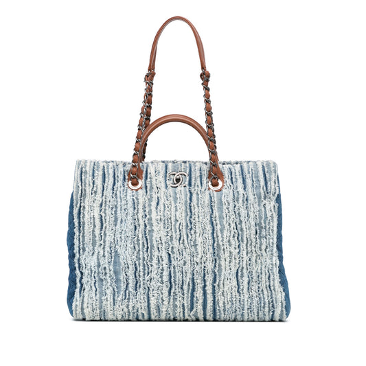 Blue Chanel Large Fringed Denim Shopping Tote Satchel