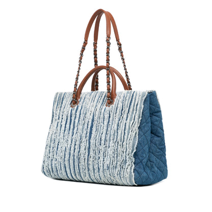 Blue Chanel Large Fringed Denim Shopping Tote Satchel
