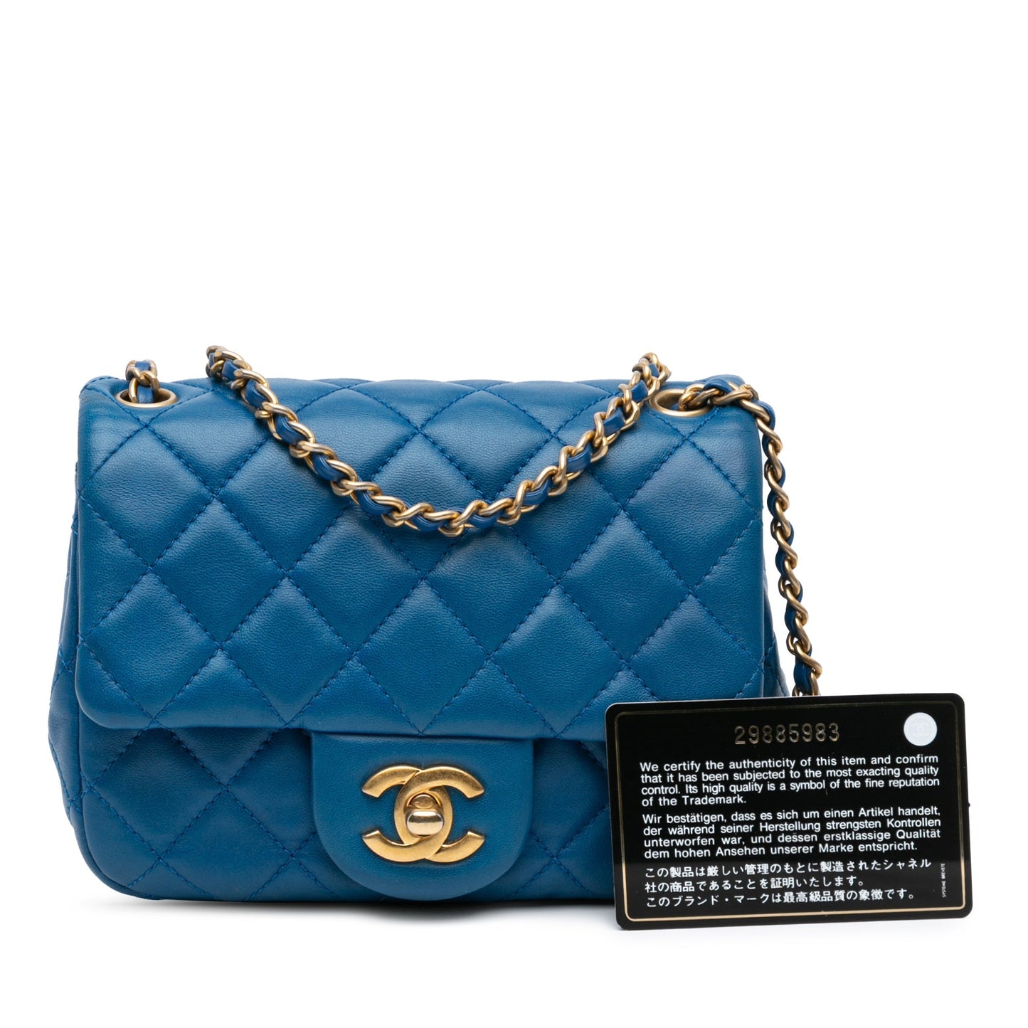 Blue Chanel Mini Square Classic Lambskin Pearl Crush Single Flap Crossbody Bag