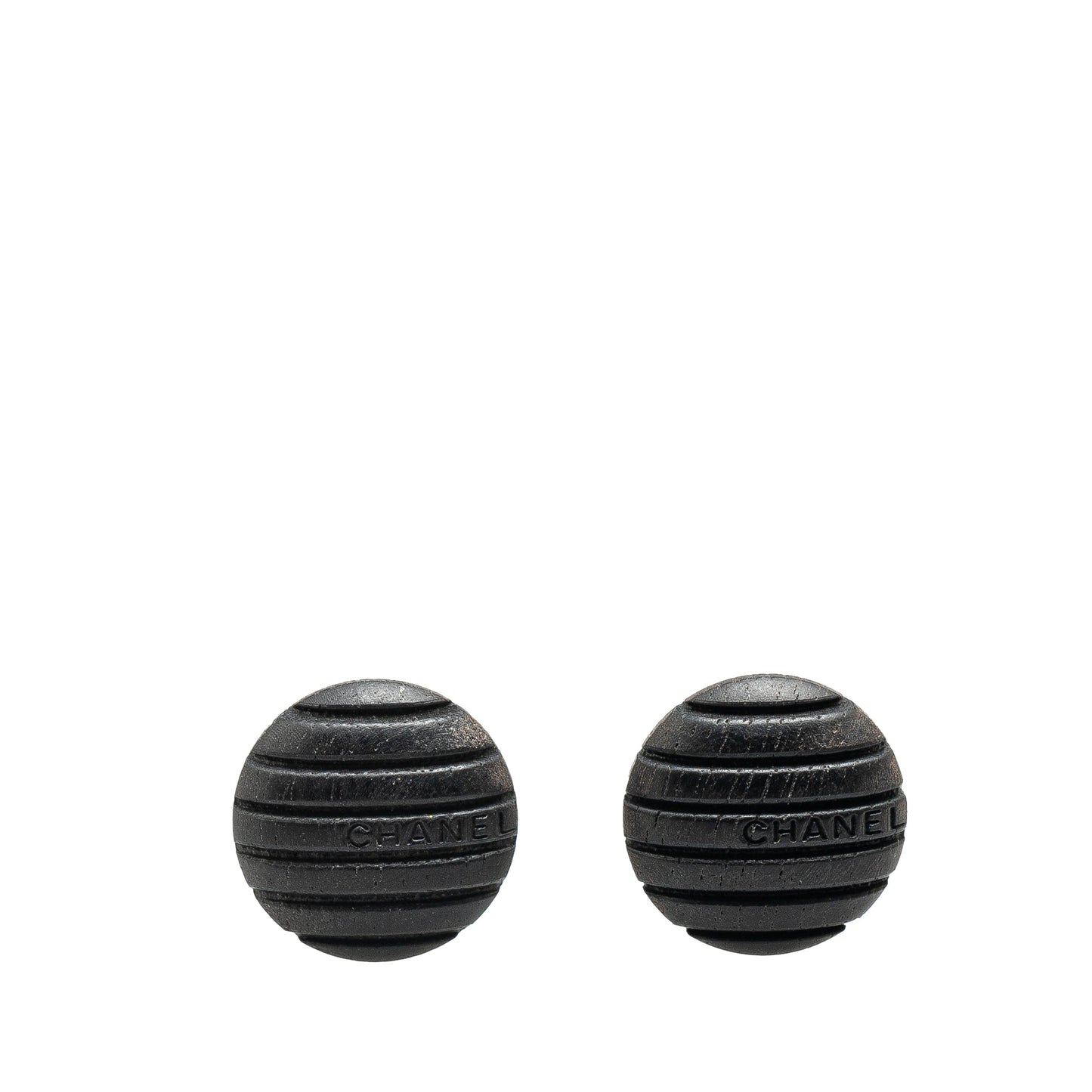 Black Chanel Wood Logo Button Push Back Earrings