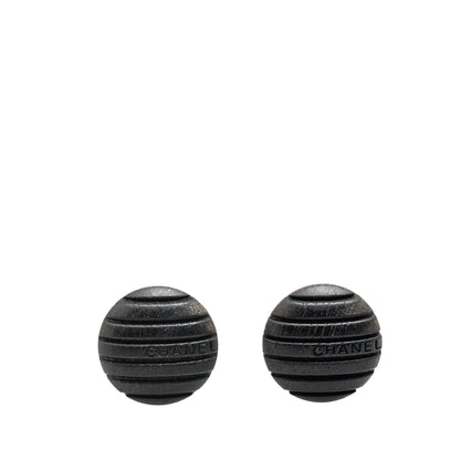 Black Chanel Wood Logo Button Push Back Earrings