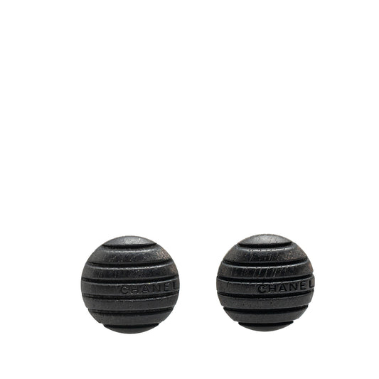 Black Chanel Wood Logo Button Push Back Earrings