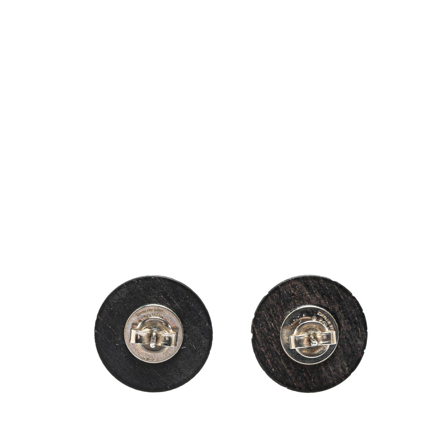 Black Chanel Wood Logo Button Push Back Earrings