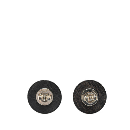 Black Chanel Wood Logo Button Push Back Earrings