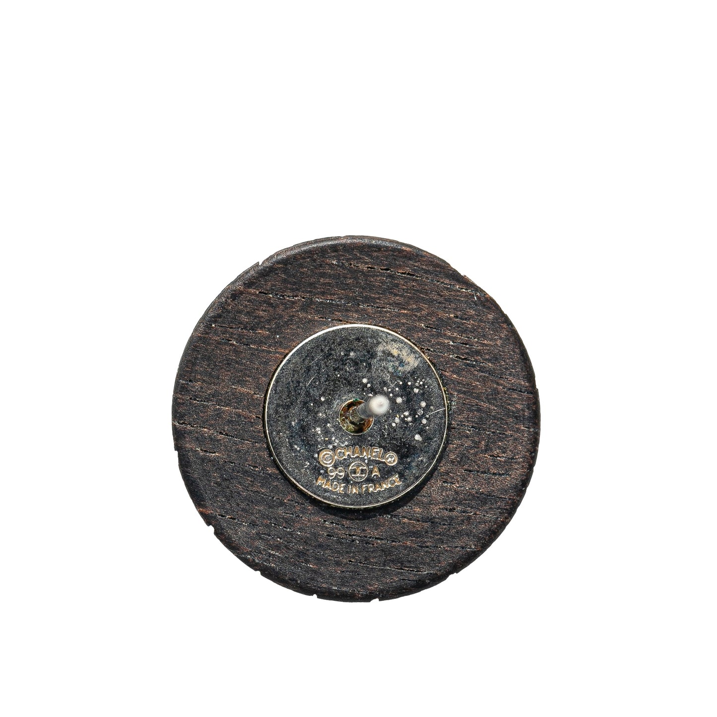 Black Chanel Wood Logo Button Push Back Earrings