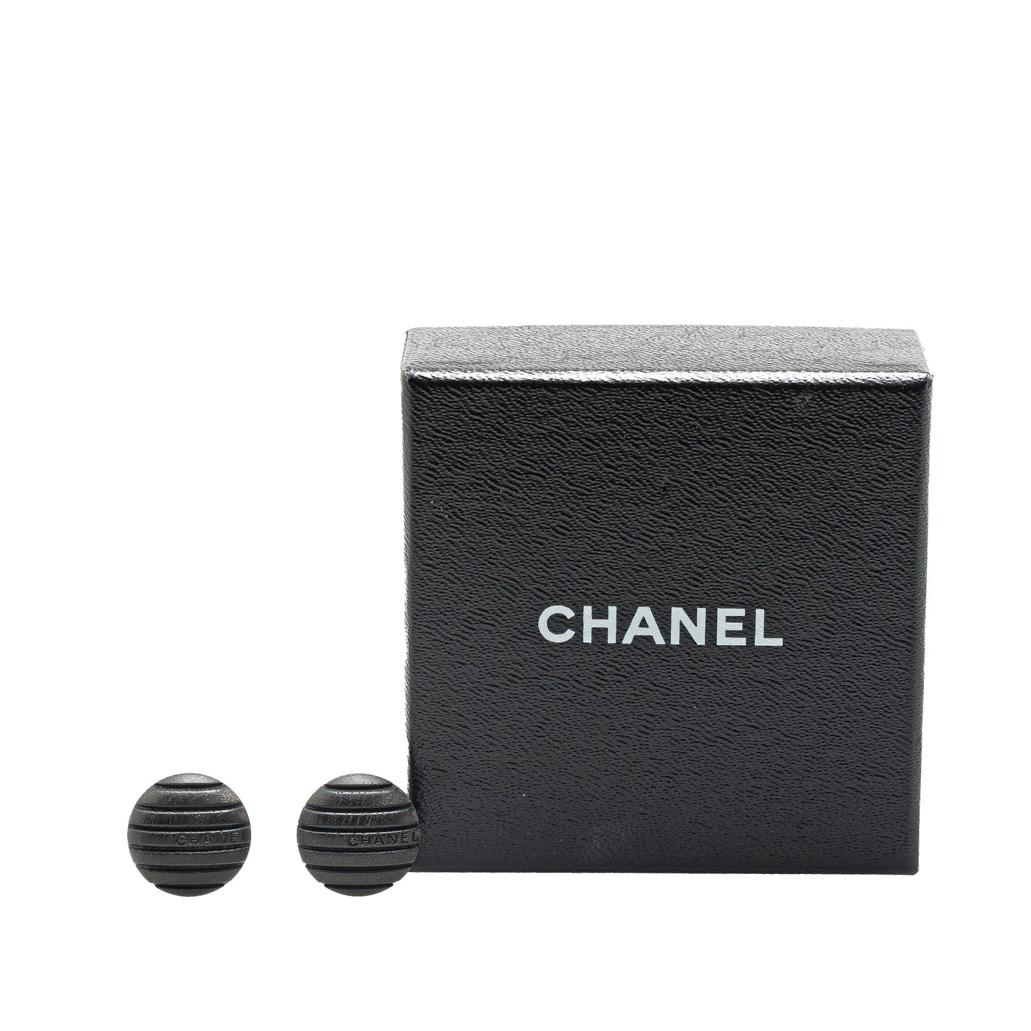 Black Chanel Wood Logo Button Push Back Earrings