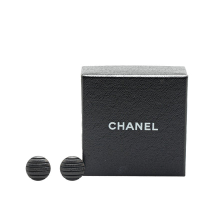 Black Chanel Wood Logo Button Push Back Earrings