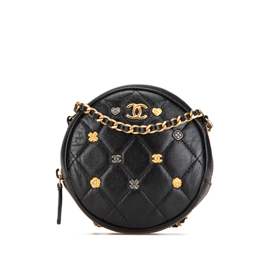 Blue Chanel Quilted Lambskin Lucky Charms Round Clutch with Chain Crossbody Bag