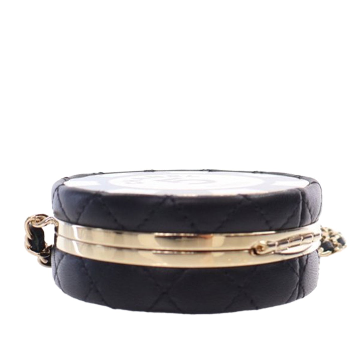 Black Chanel Enamel and Quilted Lambskin Round Poker Chip Clutch with Chain Crossbody Bag