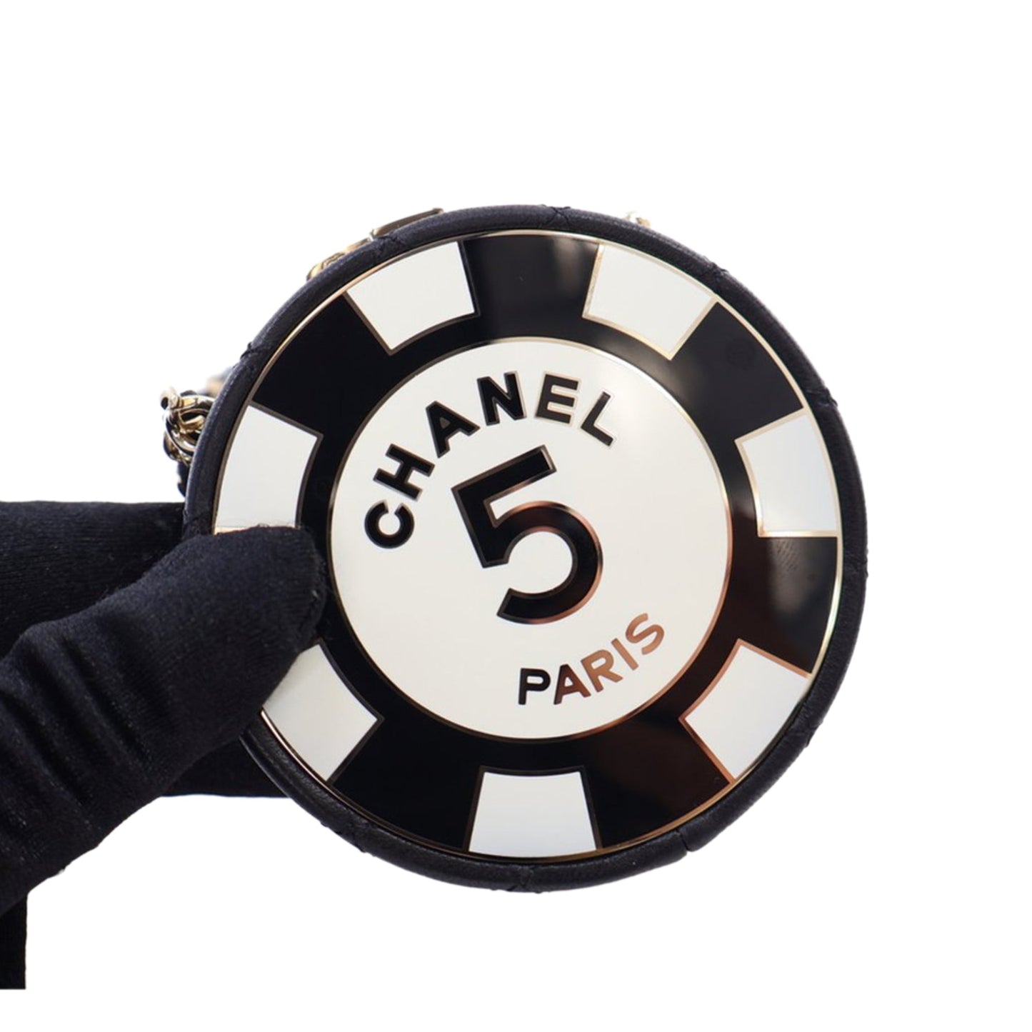 Black Chanel Enamel and Quilted Lambskin Round Poker Chip Clutch with Chain Crossbody Bag