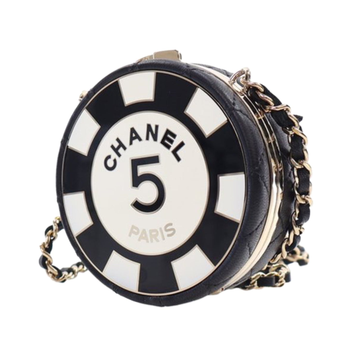 Black Chanel Enamel and Quilted Lambskin Round Poker Chip Clutch with Chain Crossbody Bag