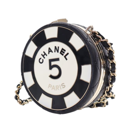 Black Chanel Enamel and Quilted Lambskin Round Poker Chip Clutch with Chain Crossbody Bag