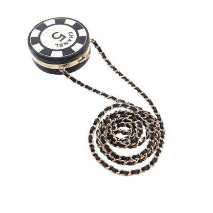 Black Chanel Enamel and Quilted Lambskin Round Poker Chip Clutch with Chain Crossbody Bag