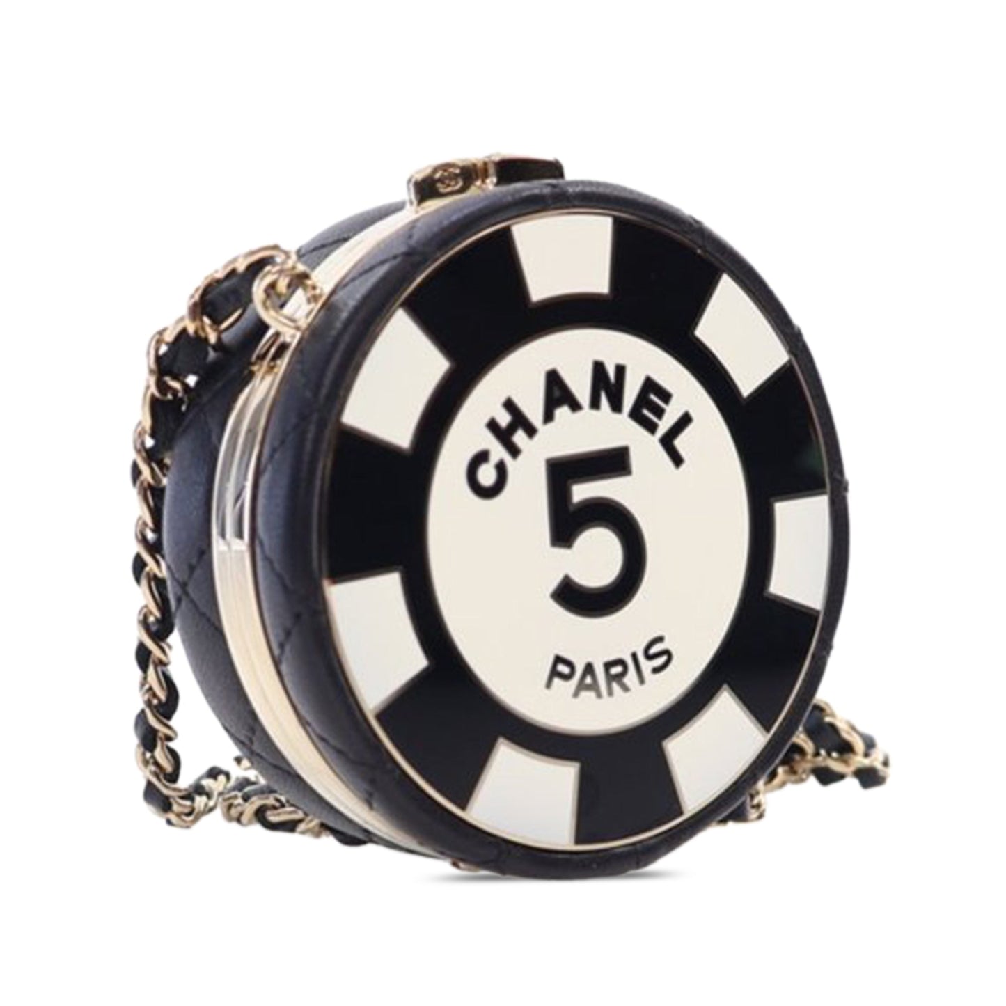 Black Chanel Enamel and Quilted Lambskin Round Poker Chip Clutch with Chain Crossbody Bag