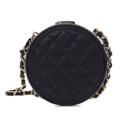 Black Chanel Enamel and Quilted Lambskin Round Poker Chip Clutch with Chain Crossbody Bag