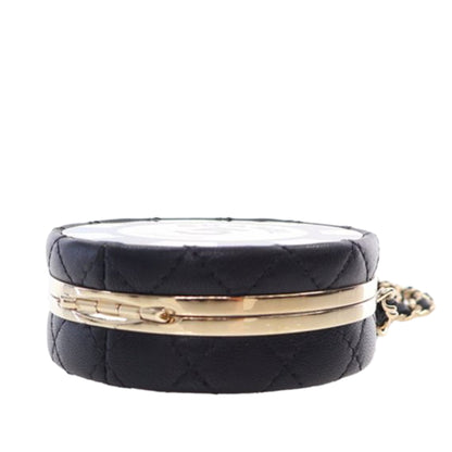 Black Chanel Enamel and Quilted Lambskin Round Poker Chip Clutch with Chain Crossbody Bag