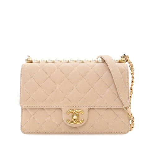 Beige Chanel Medium Quilted Goatskin Chic Pearls Flap Crossbody Bag