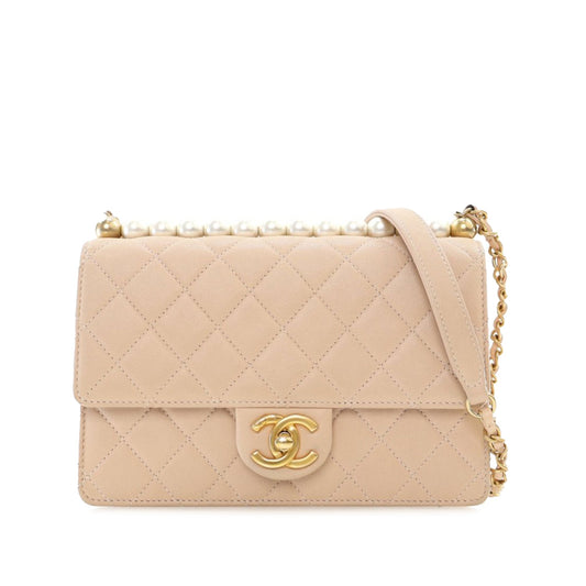 Beige Chanel Medium Quilted Goatskin Chic Pearls Flap Crossbody Bag